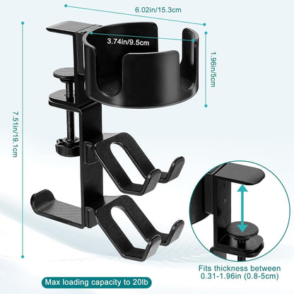 welltop 4 in 1 Controller Holder with Desk Cup Holder & Headphone Hanger, Rotatable Under Desk Clamp Controller Holder Dual Gamepad Headset Stand Gaming Desk Accessories for Xbox, PS4, PS5, PC, Switch