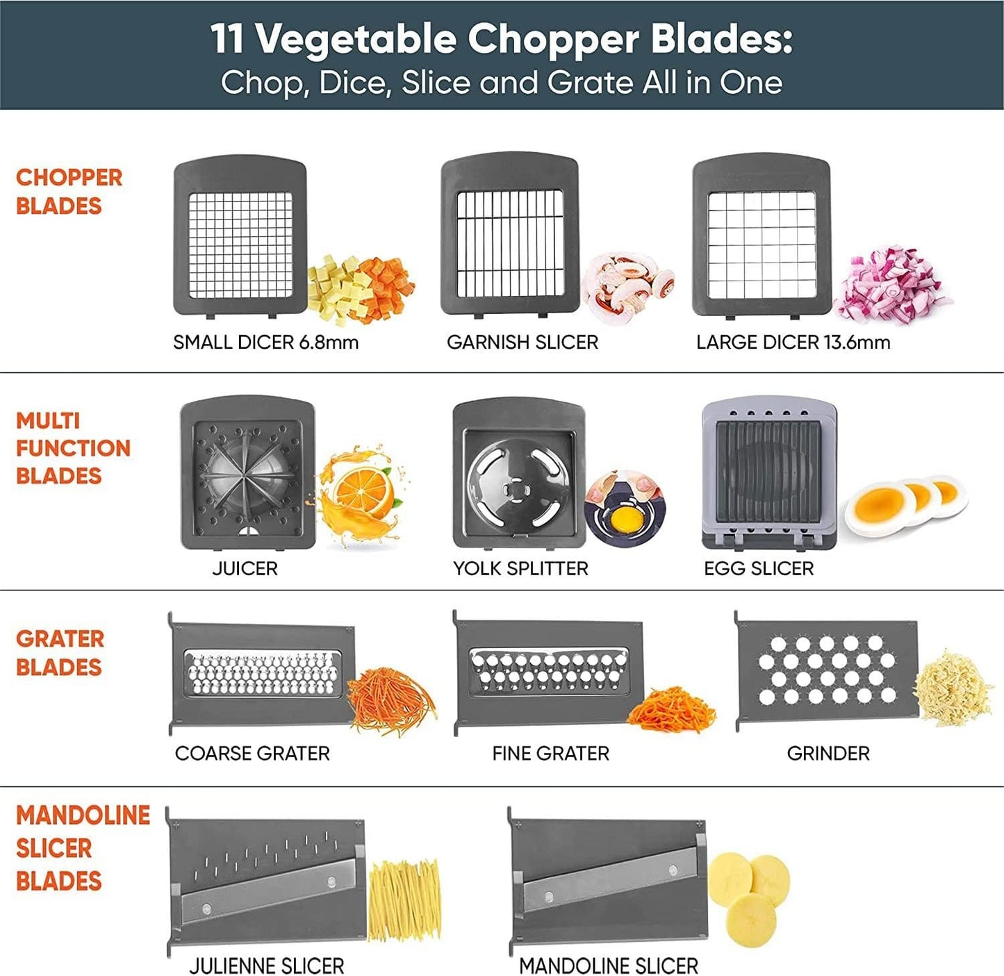Vegetable Chopper, Multi 22-in-1 Veggie Mandoline Slicer, Food Cutter Chopper for Potato Tomato Fruit with Container, Recipe, 11 Blades, Lemon Squeezer, Egg Separator & Slicer