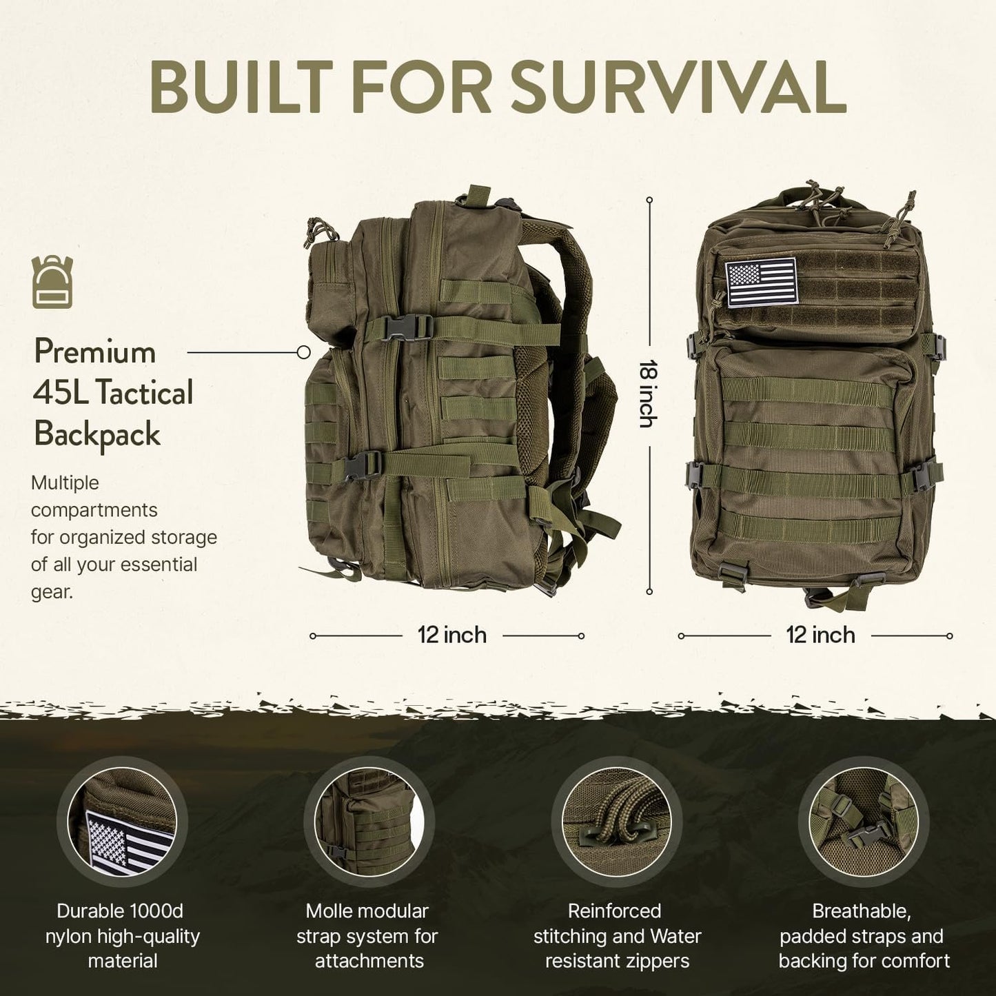 72-Hour Survival Kit | 45L Bug Out Bag | Survival Gear with First Aid, Water Filter, Food, Tools | Camping, Hiking, Outdoor Preparedness Equipment