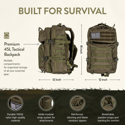 72-Hour Survival Kit | 45L Bug Out Bag | Survival Gear with First Aid, Water Filter, Food, Tools | Camping, Hiking, Outdoor Preparedness Equipment