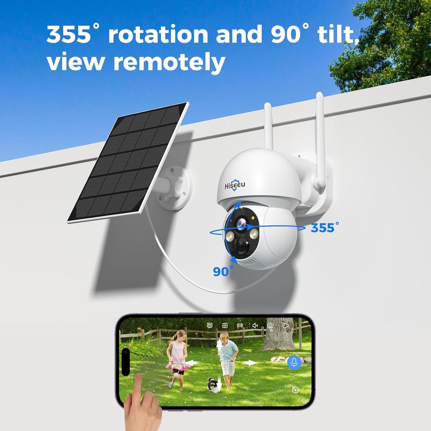 Hiseeu Solar Security Camera, 2PCS 4MP Wireless WiFi Camera Outdoor, PTZ 360° View, PIR Motion Detection, Color Night Vision, IP66, 2-Way Audio, 2.4G WiFi, No Monthly Fee