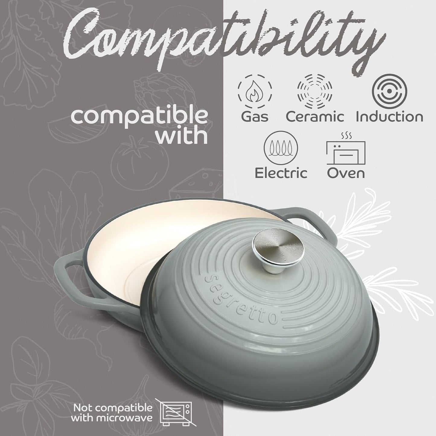 Segretto Cookware Enameled Cast Iron Bread Pan with Lid, 11” Grigio Scuro (Gray) Bread Oven Cast Iron Sourdough Baking Pan, Dutch Oven for Bread