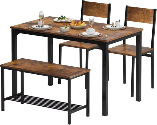 SDHYL Dining Table Set, Two Chairs and One Bench 4 Pieces Set Wooden Table Top with Metal Legs for Breakfast in Living Room, Kitchen Room, Dining Room,Space Saving Kitchen Table Set, Rustic Brown