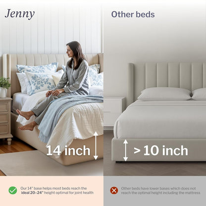 Modern Cream King Size Bed Frame with Storage, Foam Filled Fabric, Modern Wingback Design Bed, Metal Bed Frame with High Headboard, Wood Slat Support, No Box Spring Required (Cream, King Bed)