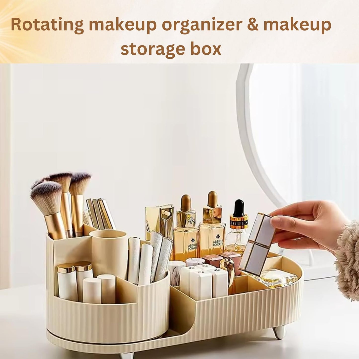 LUSHLOOM Modern Elegant Rotating Makeup Organizer - 360° Adjustable Cosmetic Storage Tray, Multi-Compartment Organizer for Makeup, Brushes, Skincare, Accessories - Beige