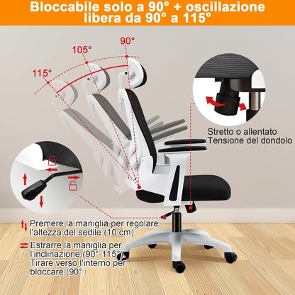 LIMBALAY Ergonomic Office Chair with Adjustable Lumbar Support, 2D Armrests, Headrest and Adjustable Height – Mesh Computer Chair for Office and Home