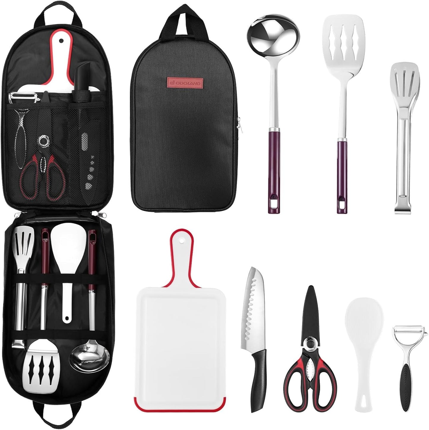 Odoland 8pcs Camping Kitchen Utensil Set, Cooking Utensil Organizer with Water Resistant Case for BBQ, Travel,Camping, Hiking, Cooking and Outdoor Activities