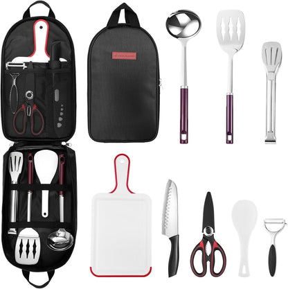 Odoland 8pcs Camping Kitchen Utensil Set, Cooking Utensil Organizer with Water Resistant Case for BBQ, Travel,Camping, Hiking, Cooking and Outdoor Activities