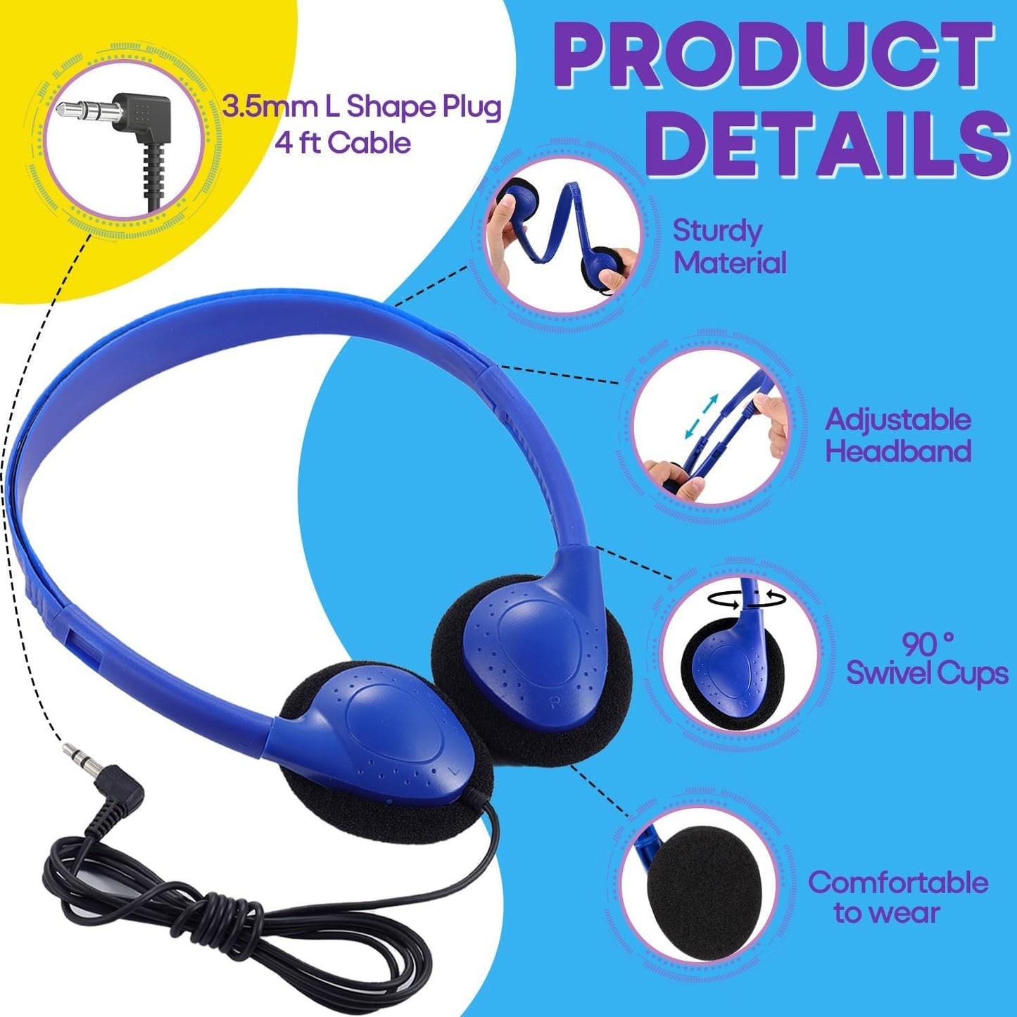 Kids Headphones Bulk 10 Pack for School Classroom Student Children Toddler Boys Girls Teen and Adult,Multi Color Wholesale Wired Adjustable On Ear Earphones for Library Airplane(HTC002)