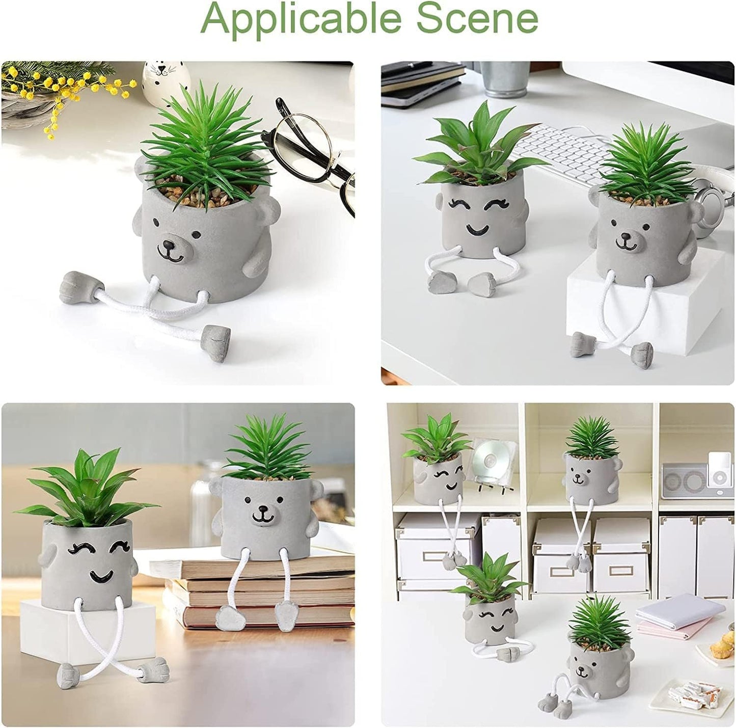 Alynsehom Artificial Potted Plant,Cute Fake Succulent Plant with Hanging Leg,Emotional Cement Faux Succulent Potted Plant Decor for Home Office Table Desk Living Room Shelves(Bear&Smile)