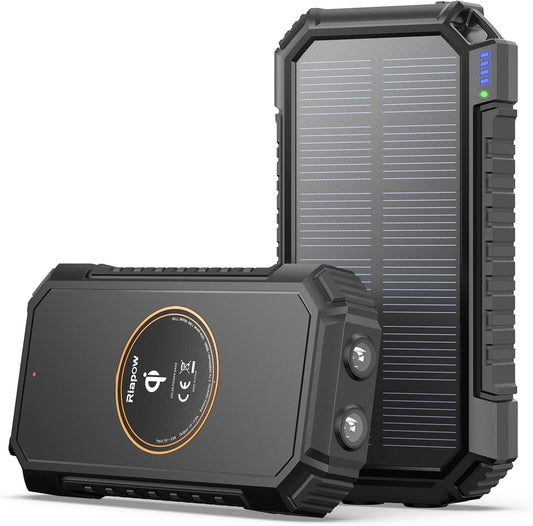 Riapow Solar Power Bank 26800mAh, Solar Charger Fast Charge 3.0A Qi Portable Charger External Battery with 4 Outputs & LED Flashlight Phone Chargers for Phone, Tablet and Camping Outdoors