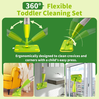 Yasterd Kids Spray Mop,Fun & Functional Toddler Cleaning Set,Real Working Mop for Floors,Pretend Play & Learning – Includes Spray Bottle, 2 Washable Microfiber Pads, Montessori Kids Cleaning Toy Set