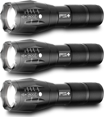 PeakPlus LED Tactical Flashlights High Lumens, Zoomable, 5 Modes Bright LED Flashlights for Emergencies, Camping, Outdoor LED Flash Lights Battery Powered, Handheld Flashlights (3 Pack) LFX1050