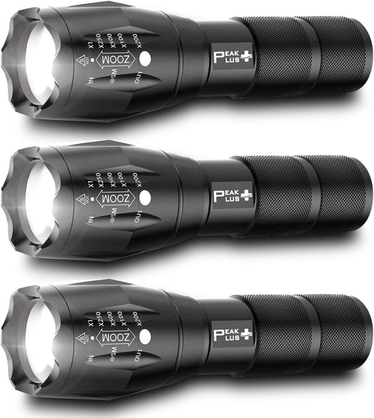 PeakPlus LED Tactical Flashlights High Lumens, Zoomable, 5 Modes Bright LED Flashlights for Emergencies, Camping, Outdoor LED Flash Lights Battery Powered, Handheld Flashlights (3 Pack) LFX1050