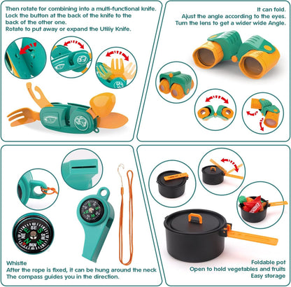 REMOKING Kids Camping Gear Set,28 PCS Camping Tool Pretend Role Play Toys with Play Tent/Campfire/Telescope/Whistle/Fruits Toys,Indoor Outdoor Game for Toddler Kids Boys Girls Age 3 4 5 6 7 8