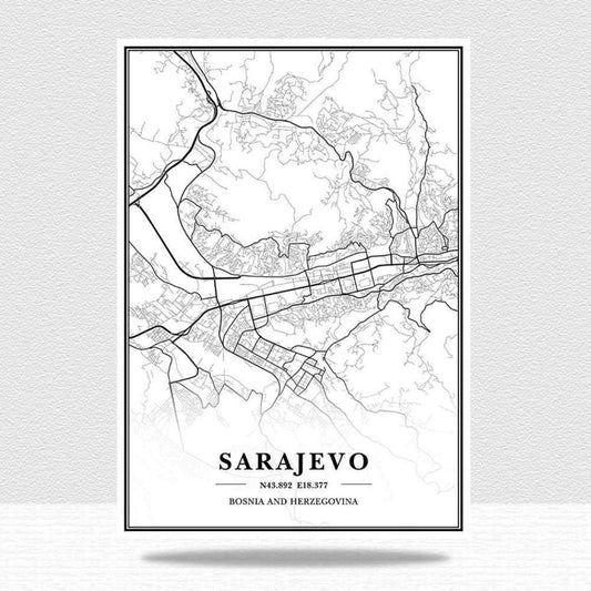 Stampa su Tela Bosnia-Erzegovina Mappe di Città Dipinti su Tela Poster Vintage Stampe d'Arte Oggettistica per La Casa Regalo Decorazione Murale per Soggiorno Camera da Letto Regalo, Come Mostrato,