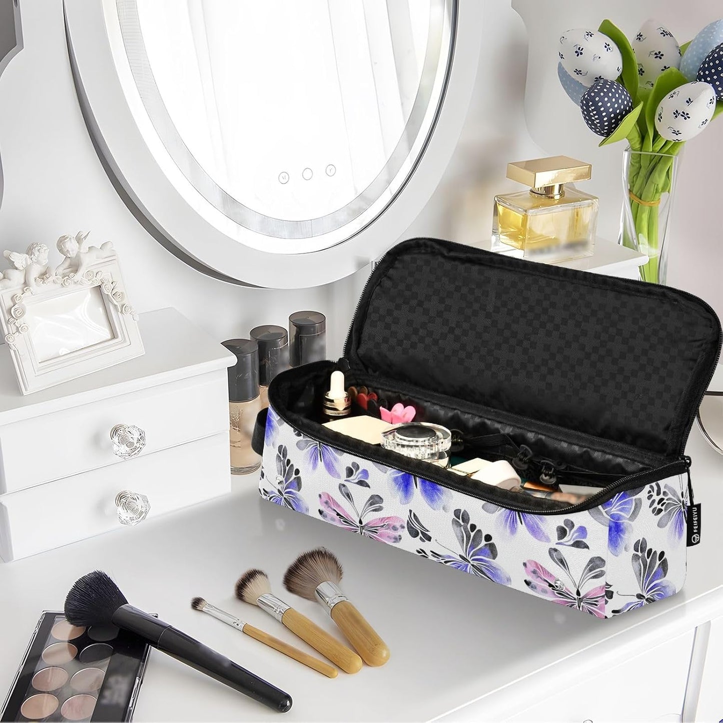 Borsa da viaggio per strumenti per capelli con tappetino resistente al calore, organizer per strumenti per capelli, accessori per la cura dei capelli, farfalle misteriose viola, elementi essenziali da