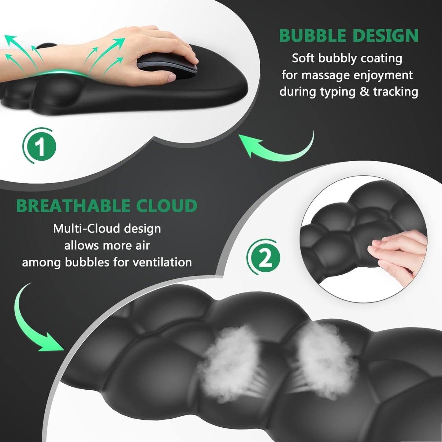 AKIT Black Ergonomic Mouse Pad with Wrist Rest for Computer Keyboard, Bubble Massage Cloud Wrist Rest Keyboard Pad and Cute Mouse Pad with Wrist Support, Soft Gel Gaming Mouse Pads for Desk Office