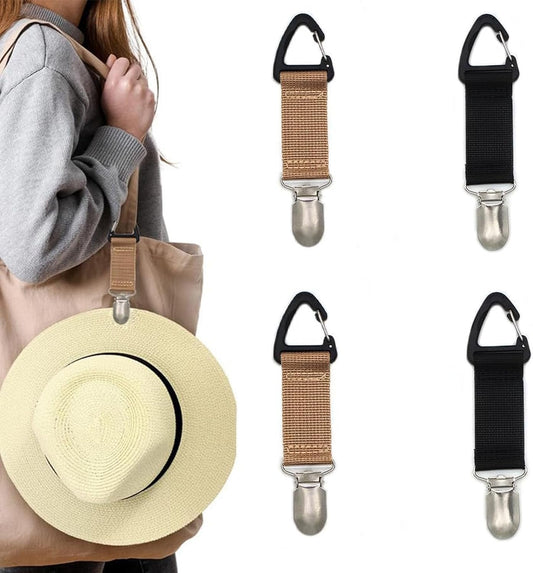 VAVCASE 4 Pack Travel Hat Clip Elastic Hat Holder for Purse Hands-Free Bag Accessory for Traveling Bags Backpacks Purses Luggage Outdoor Travel Accessory, Black, Khaki, One Size