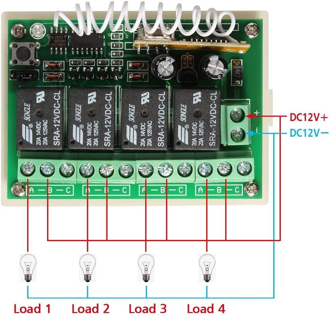 433Mhz Wireless RF Switch, DC 12V 4CH Channel Long Range Remote Control Relay Receiver Module, Transmitter Toggle RF Relay (2 Transmitter & 1 Receiver)