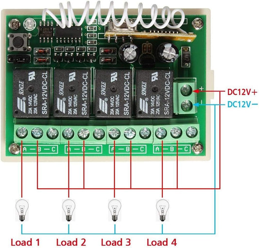433Mhz Wireless RF Switch, DC 12V 4CH Channel Long Range Remote Control Relay Receiver Module, Transmitter Toggle RF Relay (2 Transmitter & 1 Receiver)