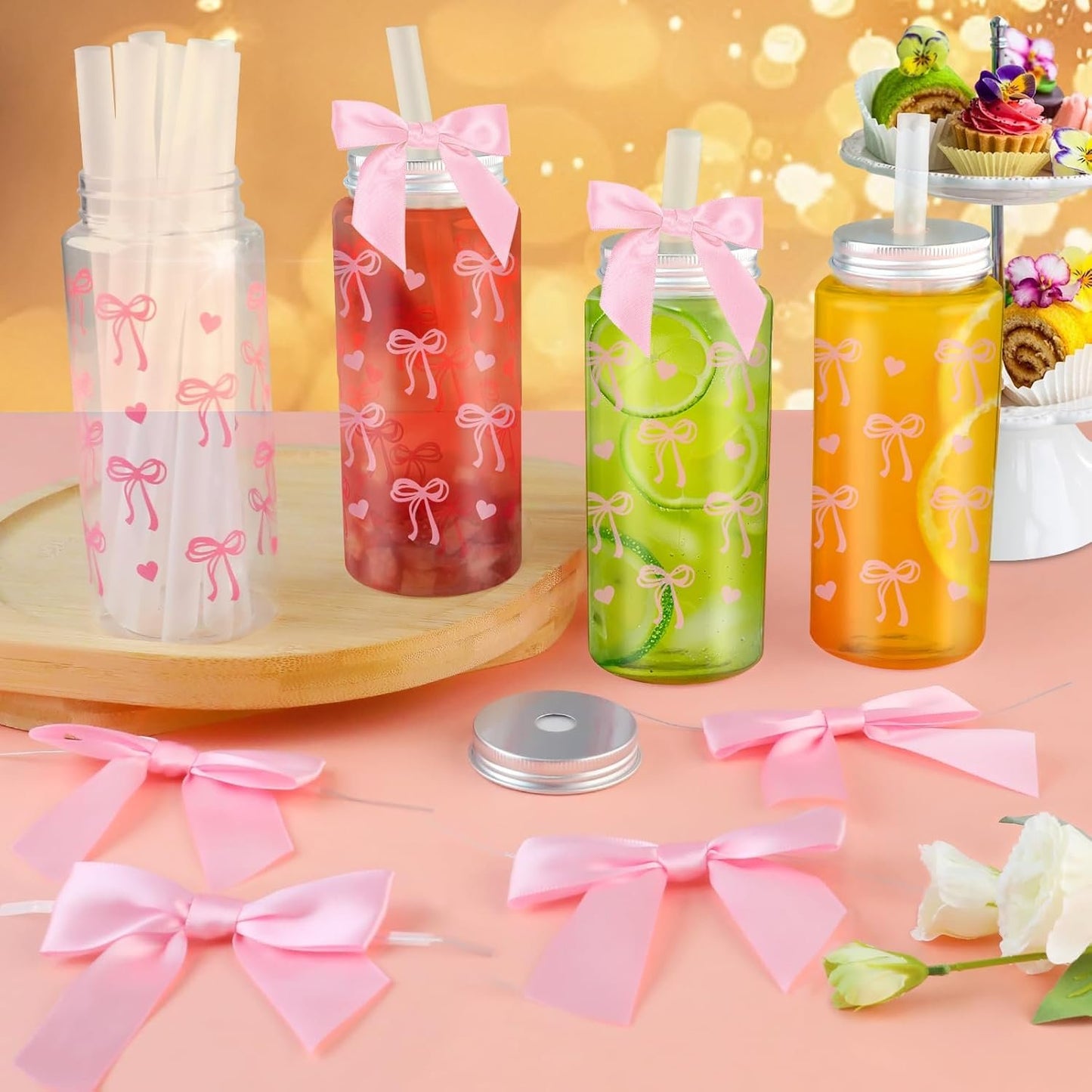 24 Pcs Pink Bow Plastic Bottle with Lid Twist Bow and 8 Straws,14oz Cute Drinkware for Women, Coquette Bow Bottle for Women Birthday Party Bridal Shower Wedding Supplies Decorative Bottles