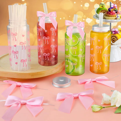 24 Pcs Pink Bow Plastic Bottle with Lid Twist Bow and 8 Straws,14oz Cute Drinkware for Women, Coquette Bow Bottle for Women Birthday Party Bridal Shower Wedding Supplies Decorative Bottles