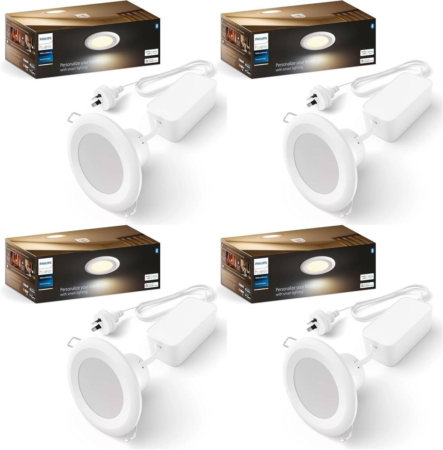 Philips Hue White Ambiance Smart Downlight 90mm V2 (4-Pack) 800 Lumens â€“ Energy-Efficient LED Downlights, Dimmable, Compatible with Hue Bridge, Alexa, and Google Assistant