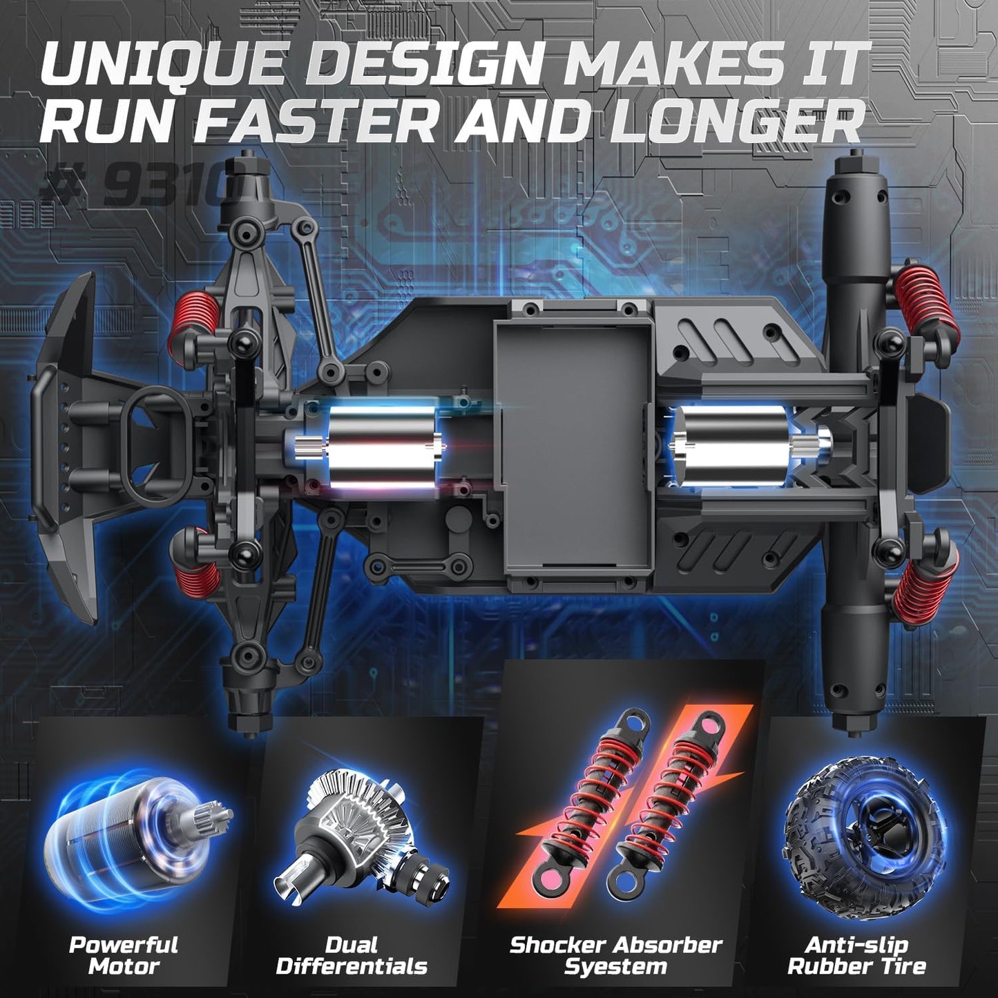 DEERC RC Cars 9310 High Speed Remote Control Car for Adults Kids 30+MPH, 1:18 Scales 4WD Off Road RC Monster Truck,Fast 2.4GHz All Terrains Toy Trucks Gifts for Boys,2 Batteries for 40Min Play