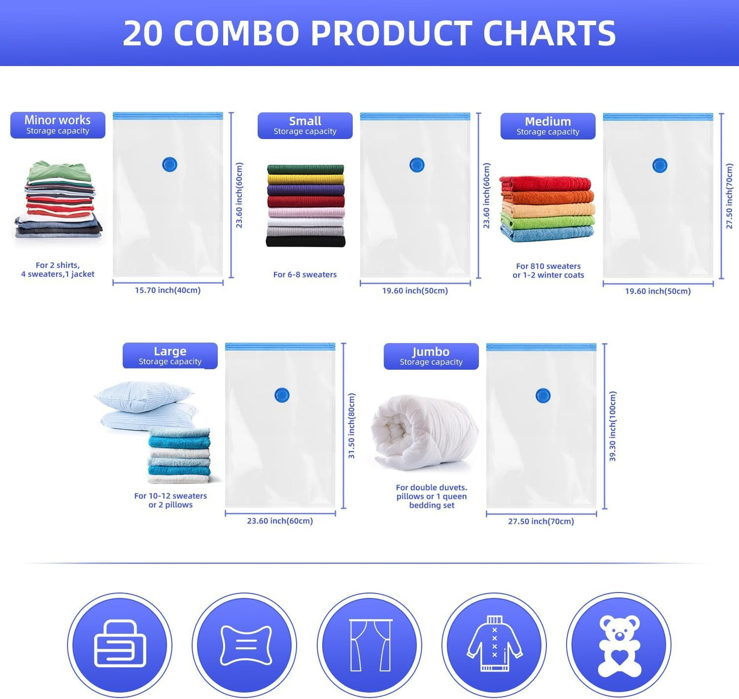 KFYM 20 Pack Vacuum Storage Bags, Space Saver Bags with Hand Pump, Vacuum Seal Bags for Clothing, Organization and Storage, Comforters, Pillows, Towels, Blankets, Bedding, Moving Supplies
