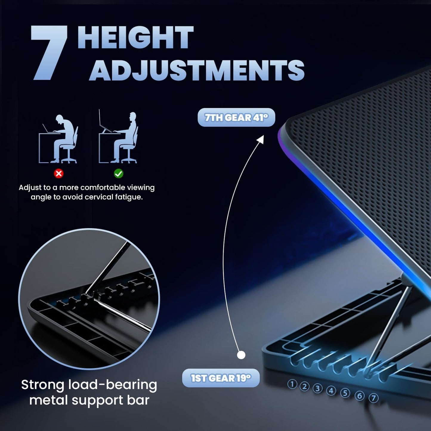 Necomi Laptop Cooling Pad, Laptop Cooler with 8 Quiet Led Fans for 11-17Inch Laptops, Show Fan Speed, with 7 Height Stands Dual USB Powered Gaming Laptop Cooling Pad