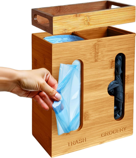 Plastic Bag Holder and Dispenser – Pantry Organizer for Kitchen Accessories - Under Sink Organizer and Storage for Kitchen Essentials - Bamboo Cabinet Dispenser and Trash Bag Holder