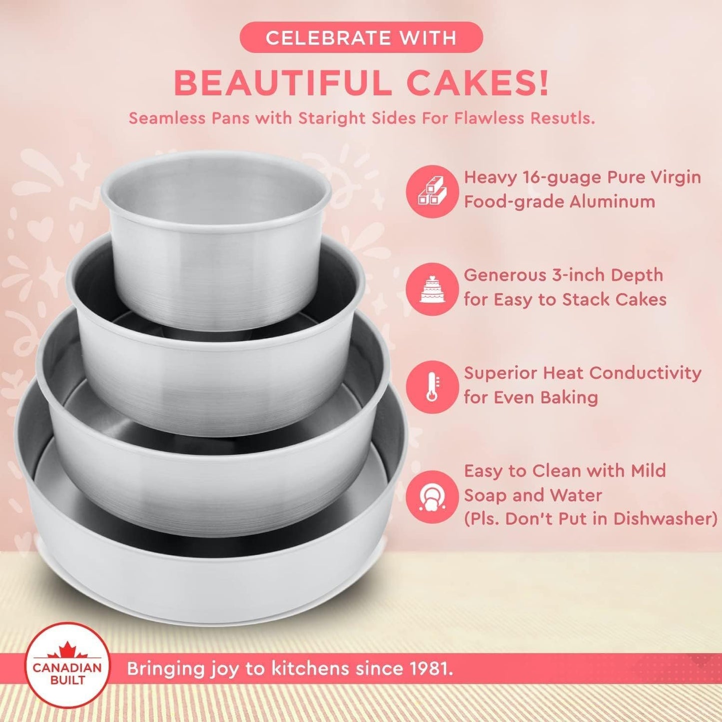 Crown 12 inch Cake Pan, 3" Deep, Heavy Duty, Even-Heating, Food Grade Aluminum, Made in Canada
