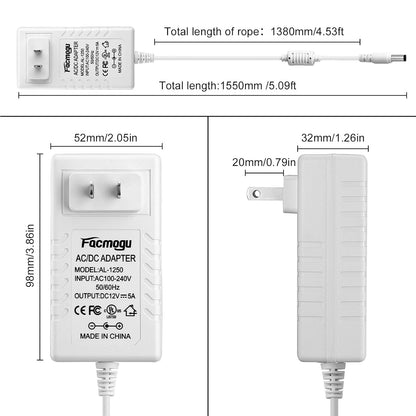 Facmogu 60W 12V 5A Power Adapter, AC 100-240V to DC 12V 5000mA Wall Adapter, 12 Volt Power Supply Module 5 Amp, 60W Switching Transformer AC to DC Converter, Compatible Both 5.5x2.5mm & 5.5x2.1mm Plug