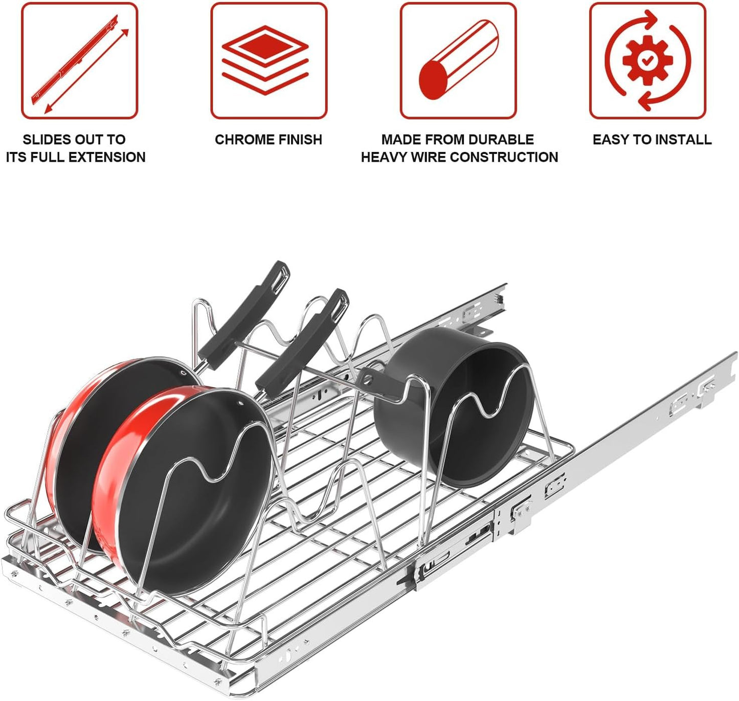 Bonadom Pull Out Pots and Pans Organizer Rack Under Cabinet Kitchen,Heavy Duty Wire Slide Out Cutting Board Shelf Bakeware and Tray Storage 11''W x 21''D x 8.5''H- Expandable Sliding Lid Holder