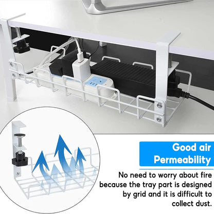 Under Desk Cable Management Tray, No-Drill Under Desk Cable Organizer for Wire Management Desk Cable Rack with 20 PCS Reusable Cable Ties Metal Under Desk Cord Organizer for Office and Home (White)