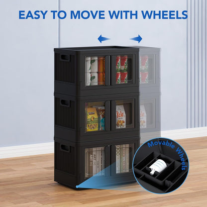 FLEXIMOUNTS Stackable Storage Bins With Lids, 8.4 Gal Closet Organizers and Storage with Doors, 3 pack Plastic Collapsible Storage Bins, Black Storage Containers For Home Essentials