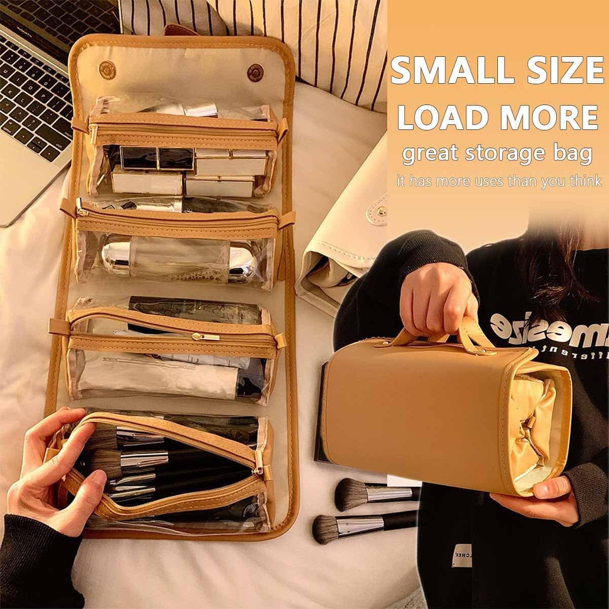 Leather Waterproof Cosmetic Bag,Portable 4-In-1 Foldable Cosmetic Bag,Detachable Large Capacity Makeup Organizer Toiletry Bag,Multi-Compartment Travel Accessories Makeup Case (brown)