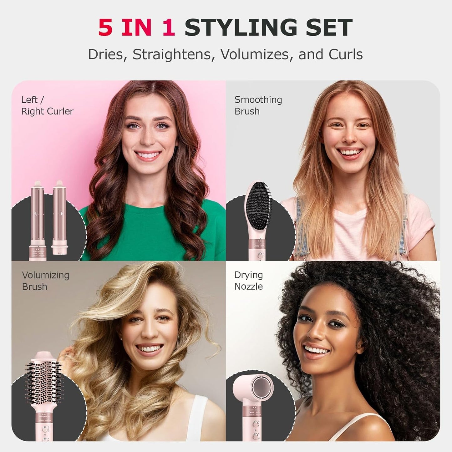 5 in 1 High-Speed Hot Air Styler - Professional Frizz-Free Hair Dryer Brush, Fast Drying Hair Dryer, No Heat Damage Air Styler Wrap - Curl, Volumize, Straighten with Travel Bag