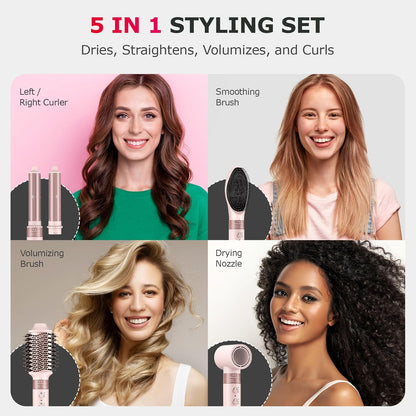 5 in 1 High-Speed Hot Air Styler - Professional Frizz-Free Hair Dryer Brush, Fast Drying Hair Dryer, No Heat Damage Air Styler Wrap - Curl, Volumize, Straighten with Travel Bag