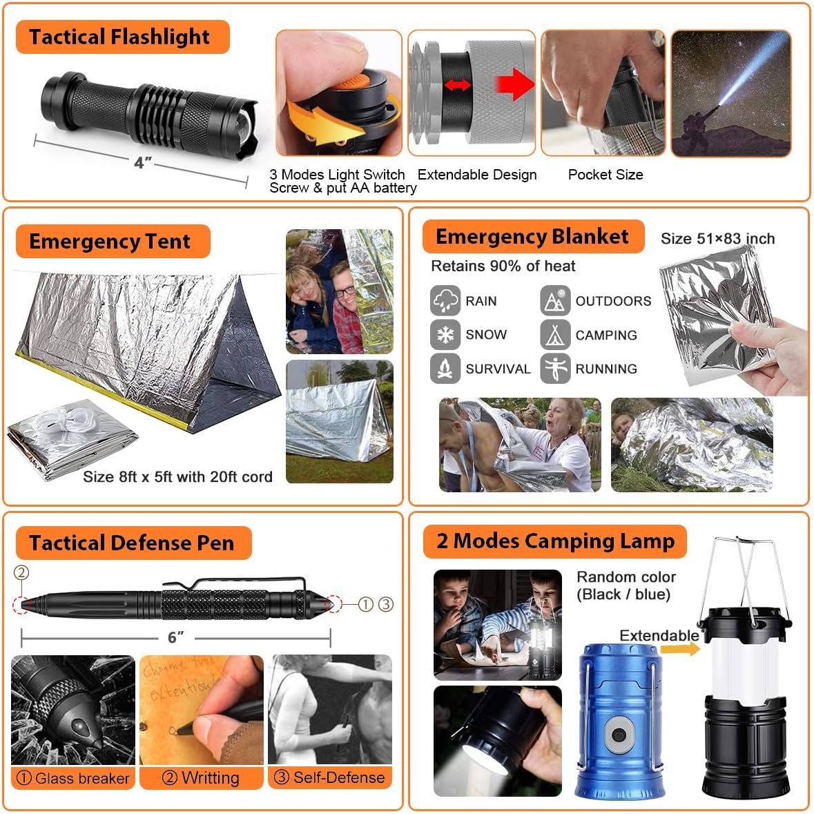 Survival Kit 250pcs, Emergency Survival Gear Kit Survival Tool Emergency Blanket Multi-Tool Axe Shovel First Aid Kit for Wilderness Camping Hiking First Aid for Earthquake, Gifts for Men Women