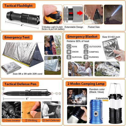 Survival Kit 250pcs, Emergency Survival Gear Kit Survival Tool Emergency Blanket Multi-Tool Axe Shovel First Aid Kit for Wilderness Camping Hiking First Aid for Earthquake, Gifts for Men Women