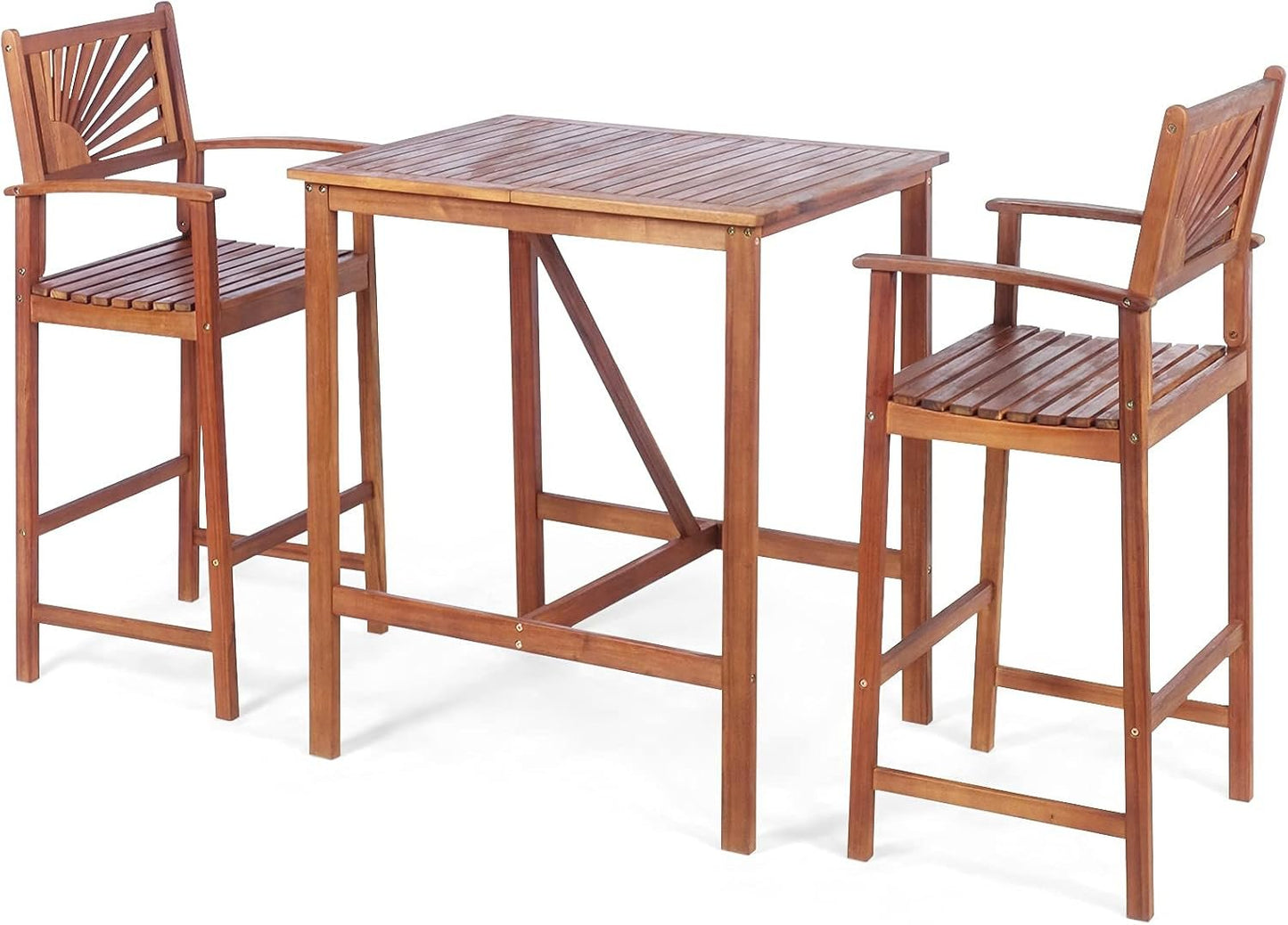 COSTWAY 3PCS Bar Table Set, Outdoor Acacia Wood Dining Set, Spacious Tabletop, Comfortable Backrest, Suitable for Sunroom, Backyard, Balcony, Space-Saving Design