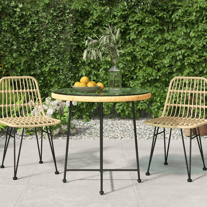 vidaXL Tempered Glass Top Dining Table-UV-Resistant PE Rattan Structure Made of Steel-Round Bistro Dinner Table-Glass Table for Patio, Garden, Living Room (Brown)