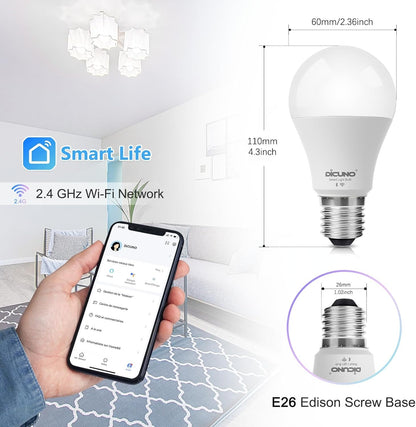 DiCUNO Smart Light Bulb, Alexa & Google Assistant Compatible, Dimmable RGBCW Color Changing WiFi & Bluetooth LED Bulb, No Hub Required, A19 E26 60W Equivalent, Pack of 6