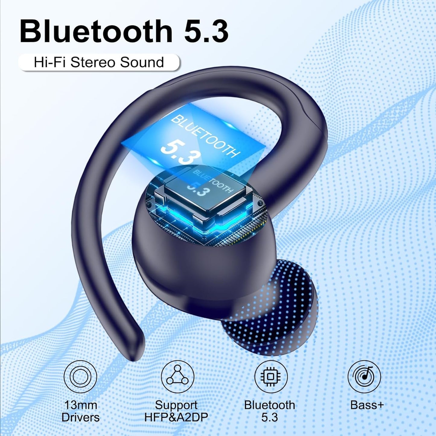 Wireless Earbuds, Bluetooth 5.3 Headphones Sport, Bluetooth Earbuds with ENC Mic, HiFi Stereo Wireless Earphones, 48H Dual LED Display, IP7 Waterproof Ear Buds with Earhook for Running Deep Blue