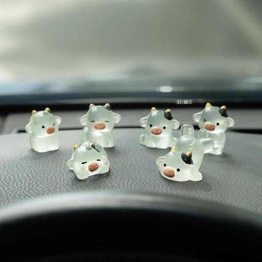 Rislobx 6Pcs Luminous Cow Car Dashboard Decorations, Mini Cute Car Dash Decorations, Rear View Mirror Car Ornament Interior Accessories for Home Office