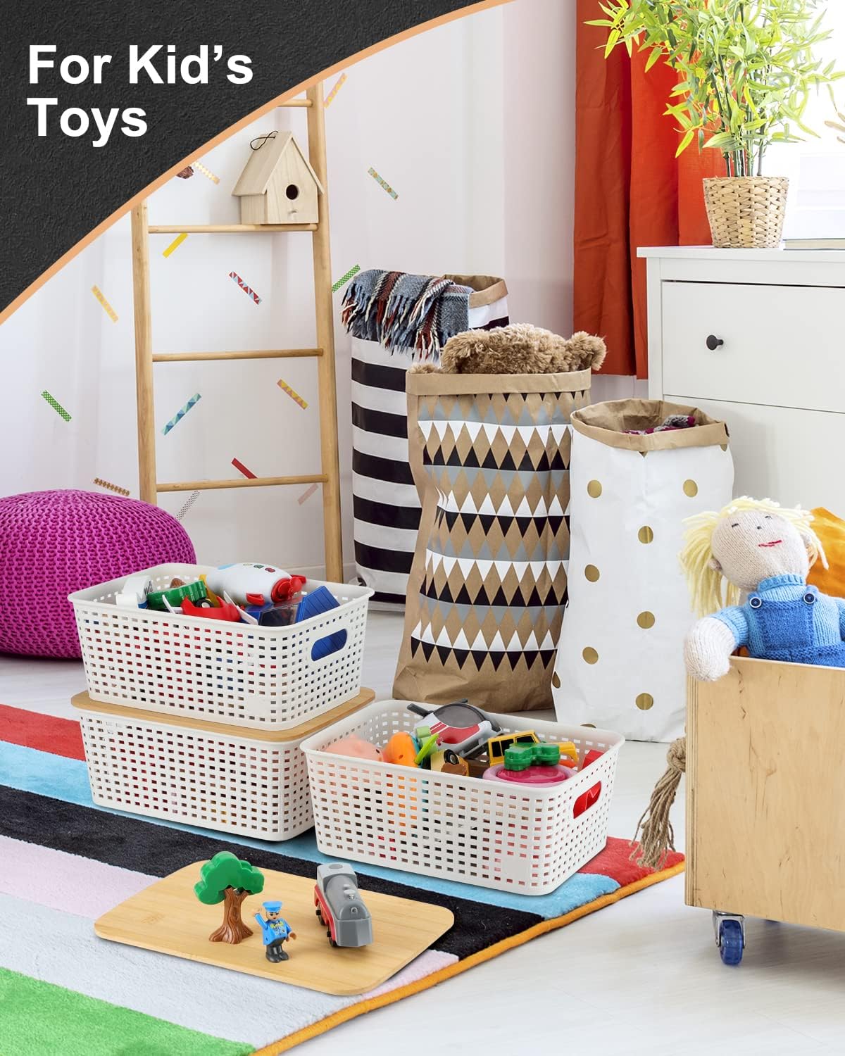 Storage Bins with Lids 6 Packs, Plastic Storage Bins with Bamboo Lids for Pantry Organization and Storage Containers for Shelves Drawers Desktop Closet Playroom Classroom Office Home, White