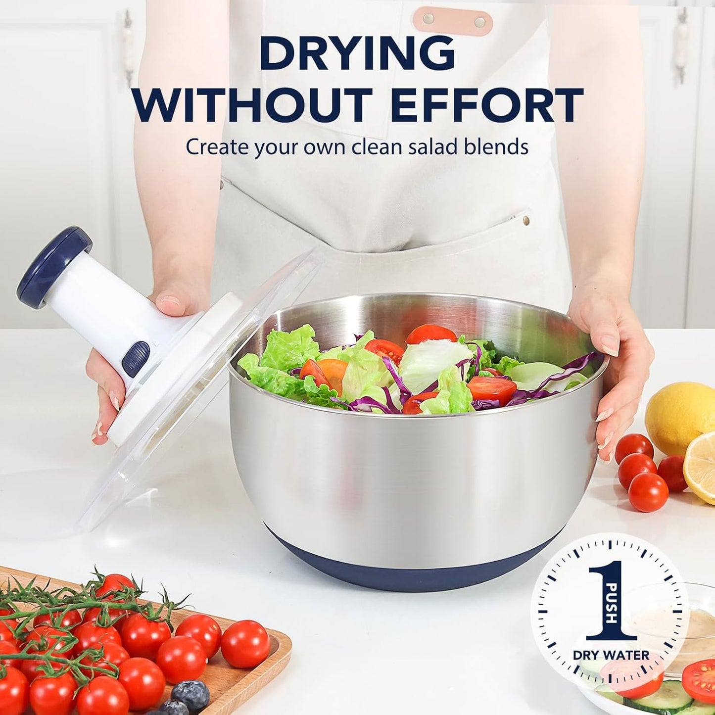 Rorence 3 in 1 Stainless Steel Pump Salad Spinner Food Chopper Set: Large Collapsible Lettuce Spinner, Chopper for Vegetable Slicer and Dicer, 5 QT Mixing Bowl with 5 Graters