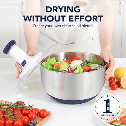 Rorence 3 in 1 Stainless Steel Pump Salad Spinner Food Chopper Set: Large Collapsible Lettuce Spinner, Chopper for Vegetable Slicer and Dicer, 5 QT Mixing Bowl with 5 Graters